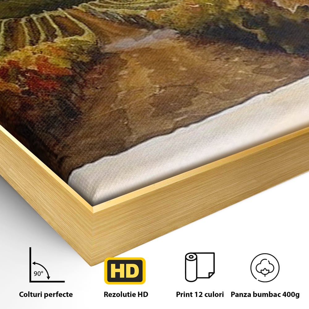 Detaliu al suprafetei: tablou canvas cu peisaj viticol si pahare de vin, in rama de aluminiu auriu